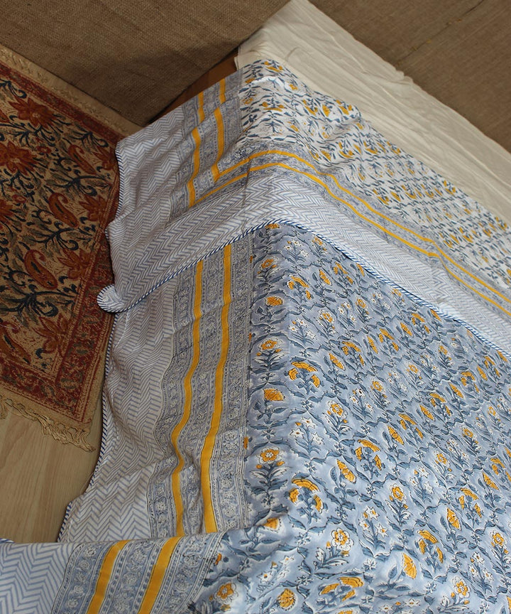 Multi yellow blue hand printed sanganeri cotton single dohar