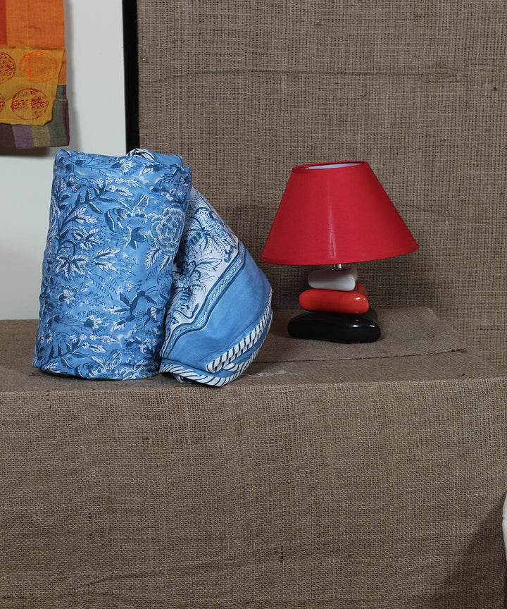 Multi cyan blue hand printed sanganeri cotton single dohar