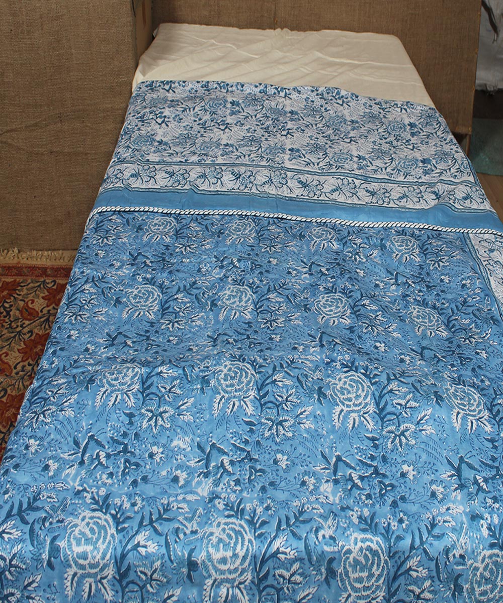 Multi cyan blue hand printed sanganeri cotton single dohar