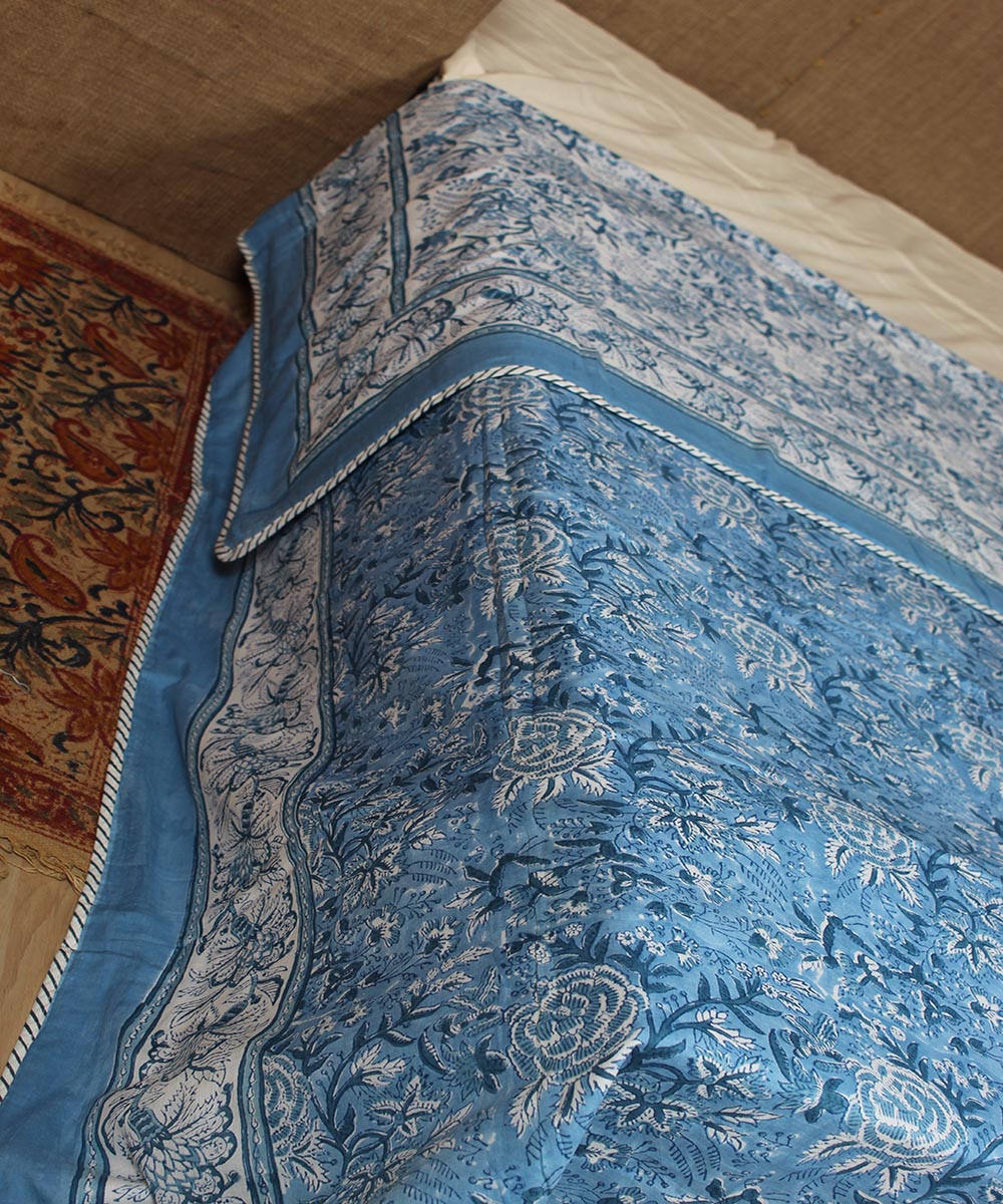 Multi cyan blue hand printed sanganeri cotton single dohar