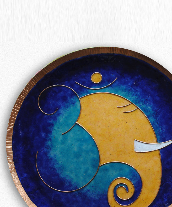 Navy blue yellow handcrafted copper wall plate