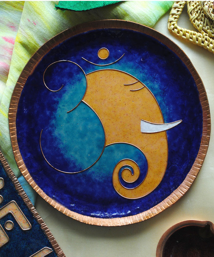 Navy blue yellow handcrafted copper wall plate