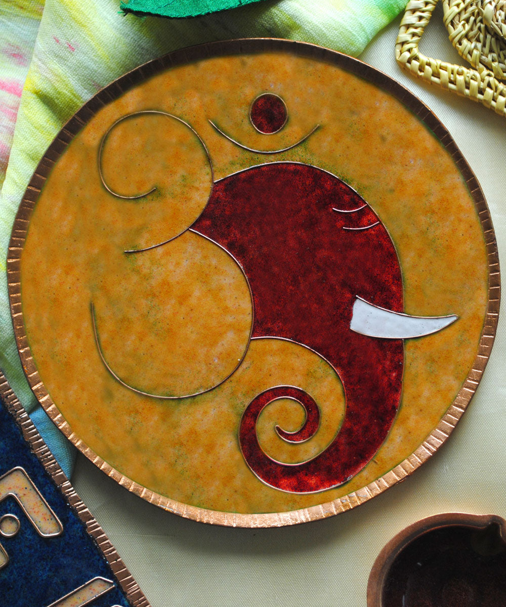 Yellow brown handcrafted copper wall plate