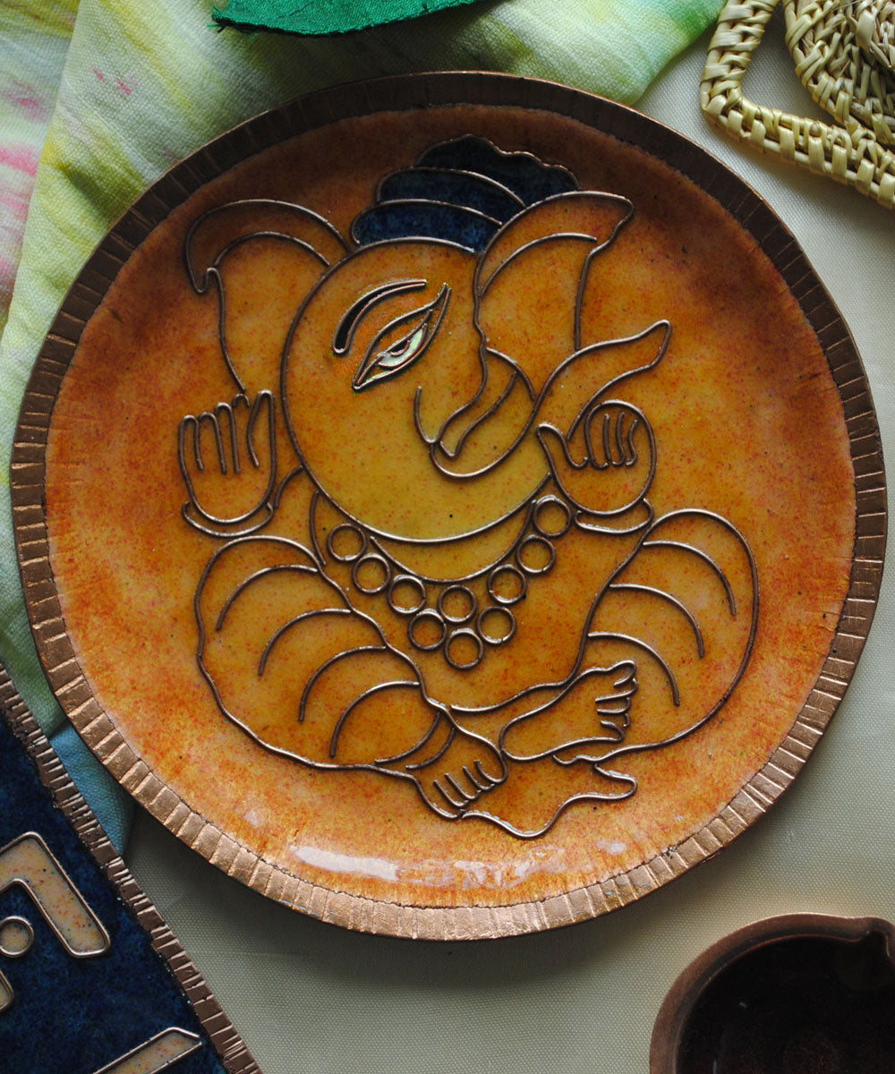 Yellow blue copper handcrafted wall plate