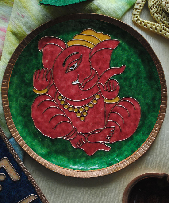 Red green handcrafted copper wall plate