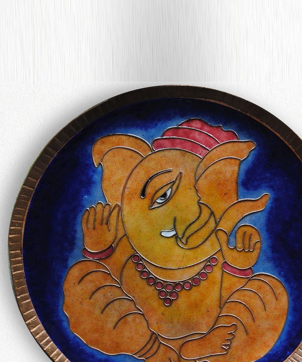 Yellow blue handcrafted copper wall plate