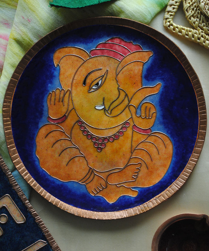 Yellow blue handcrafted copper wall plate