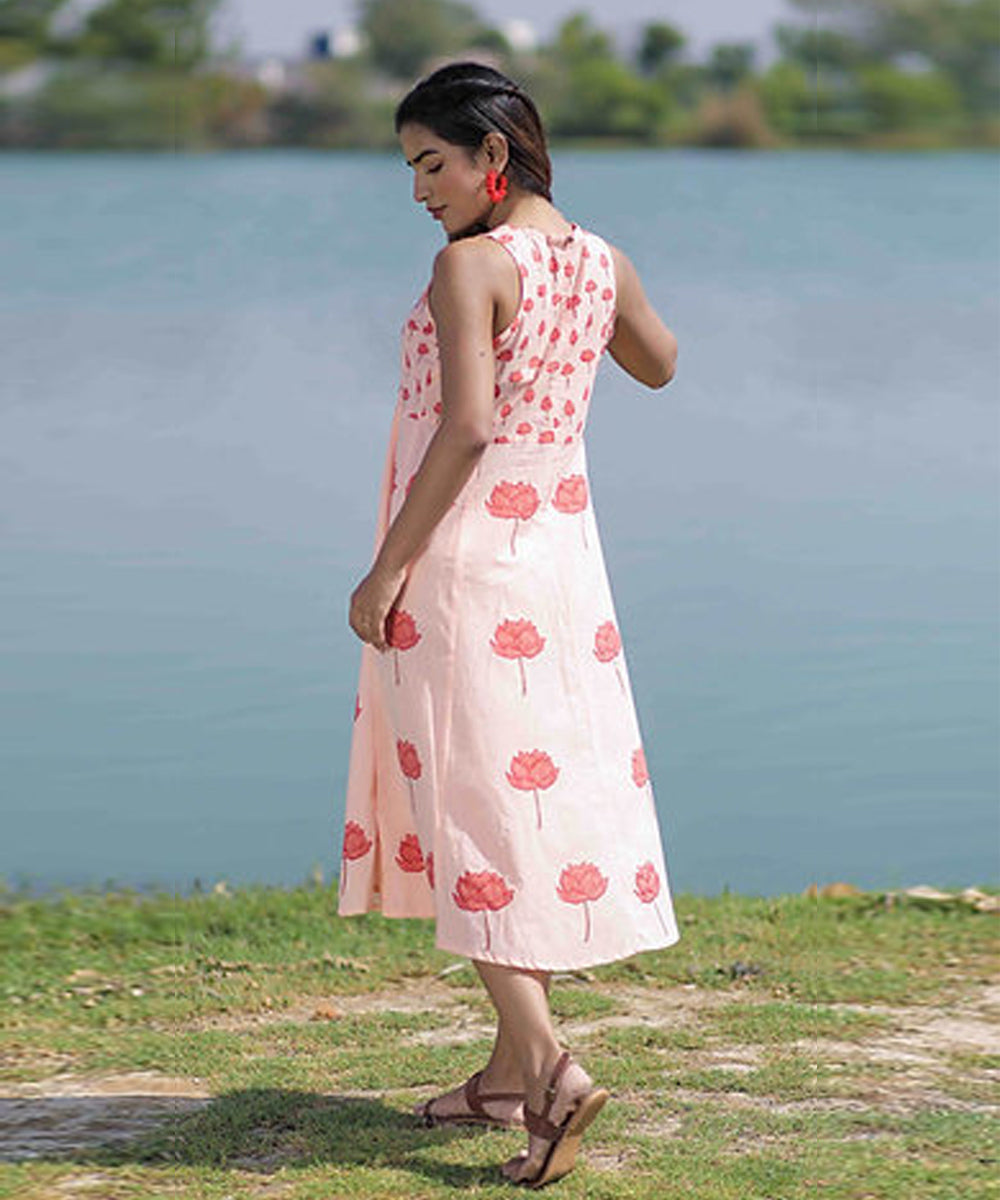 Pink lotus handblock printed cotton dress