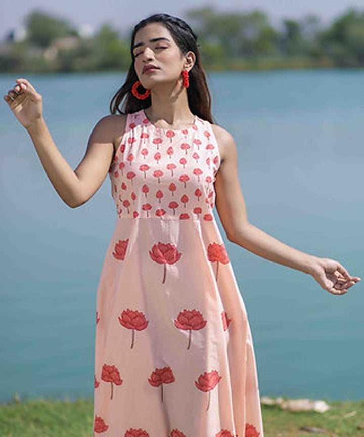 Pink lotus handblock printed cotton dress