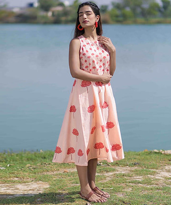 Pink lotus handblock printed cotton dress