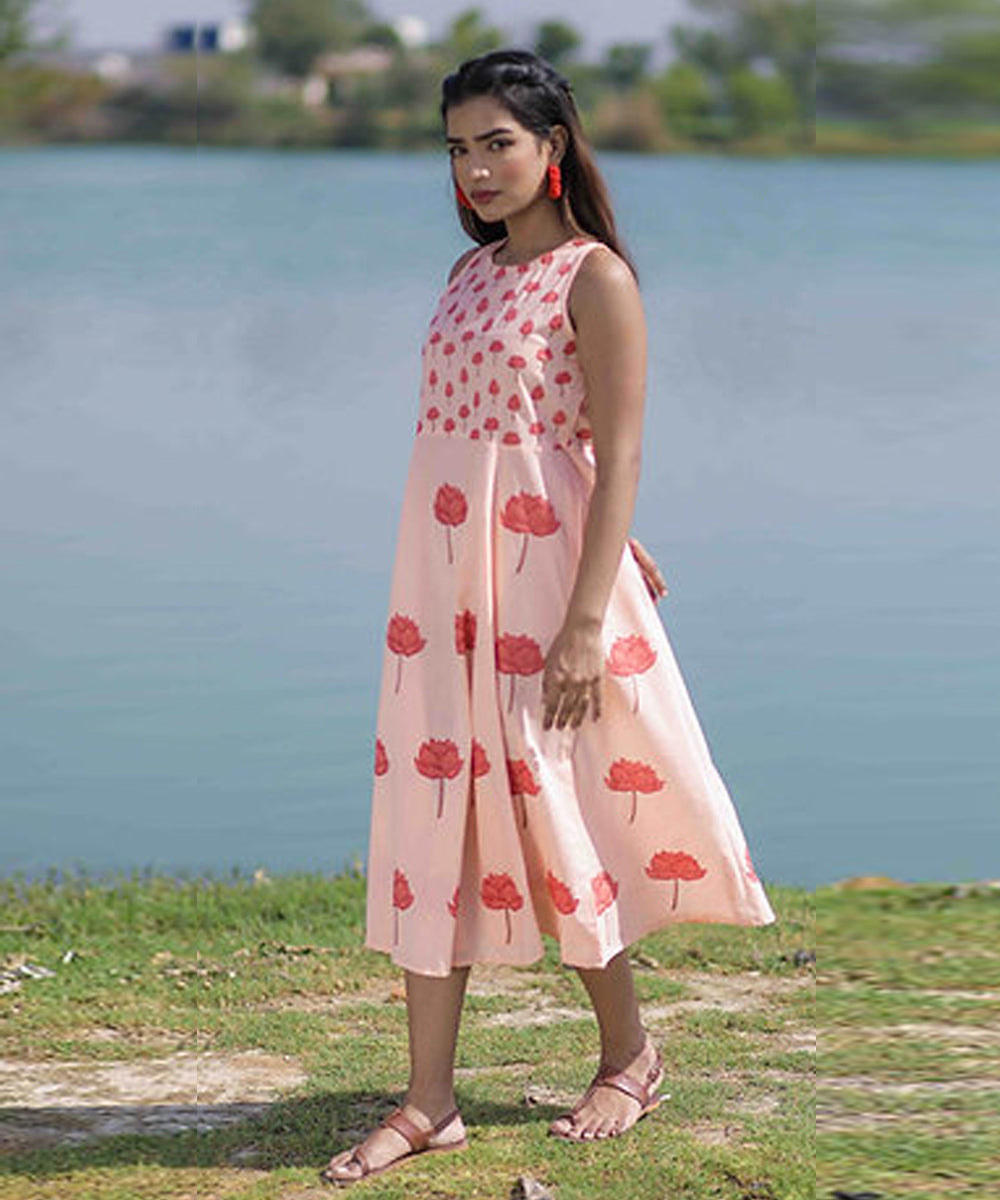 Pink lotus handblock printed cotton dress