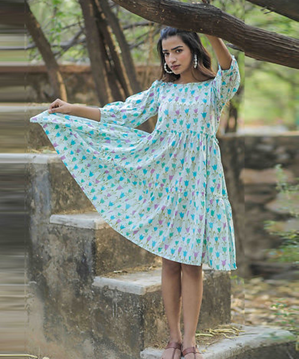 Blue tulip handblock printed cotton dress