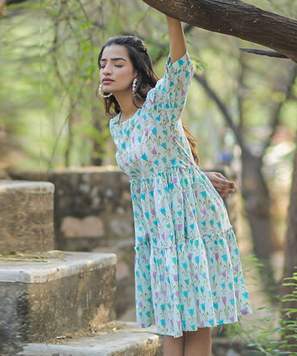 Blue tulip handblock printed cotton dress