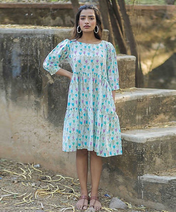Blue tulip handblock printed cotton dress