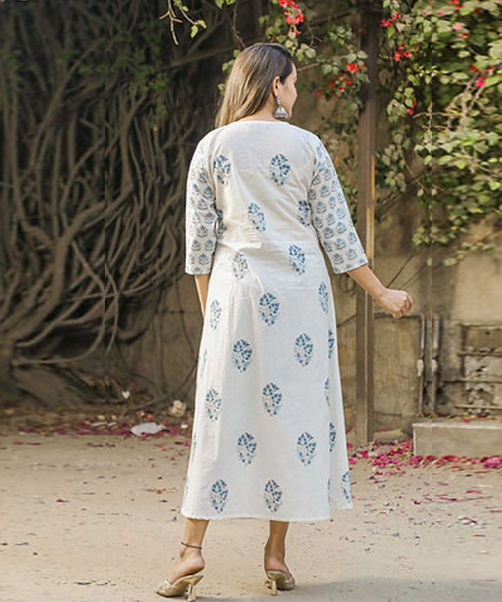 White floral handblock printed cotton dress