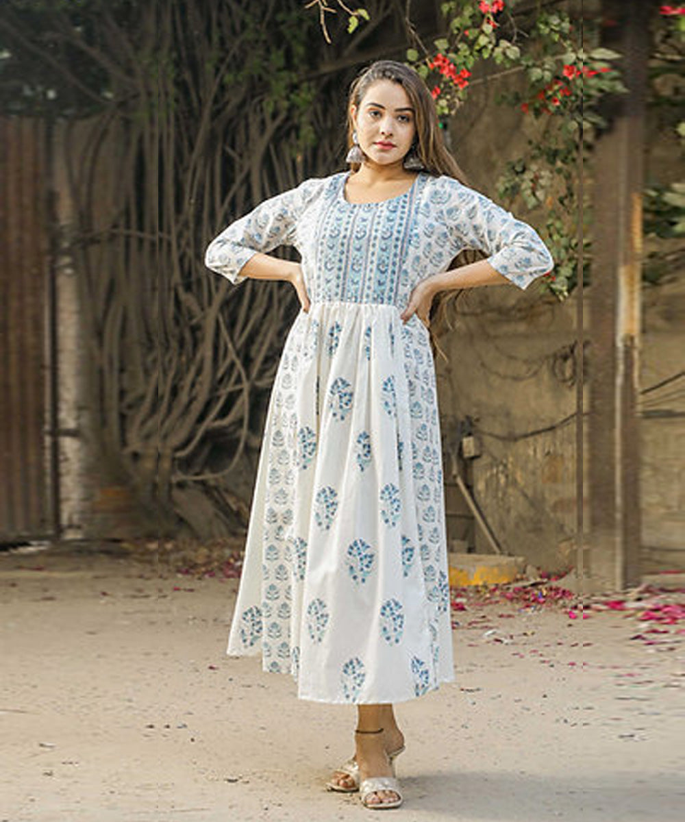 White floral handblock printed cotton dress