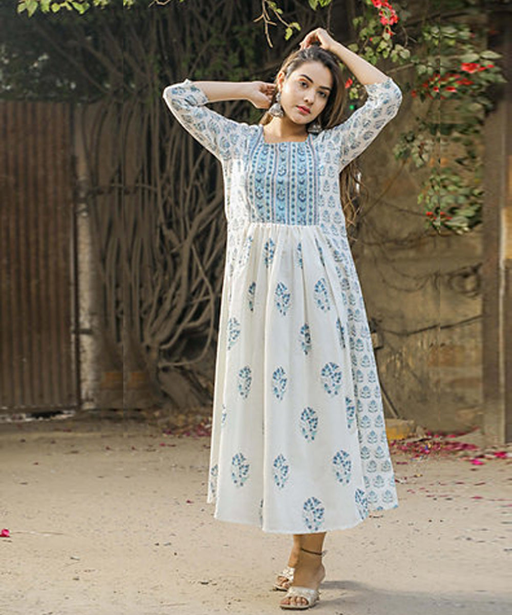 Printed Cotton Long Frock Design White Floral Handblock Printed