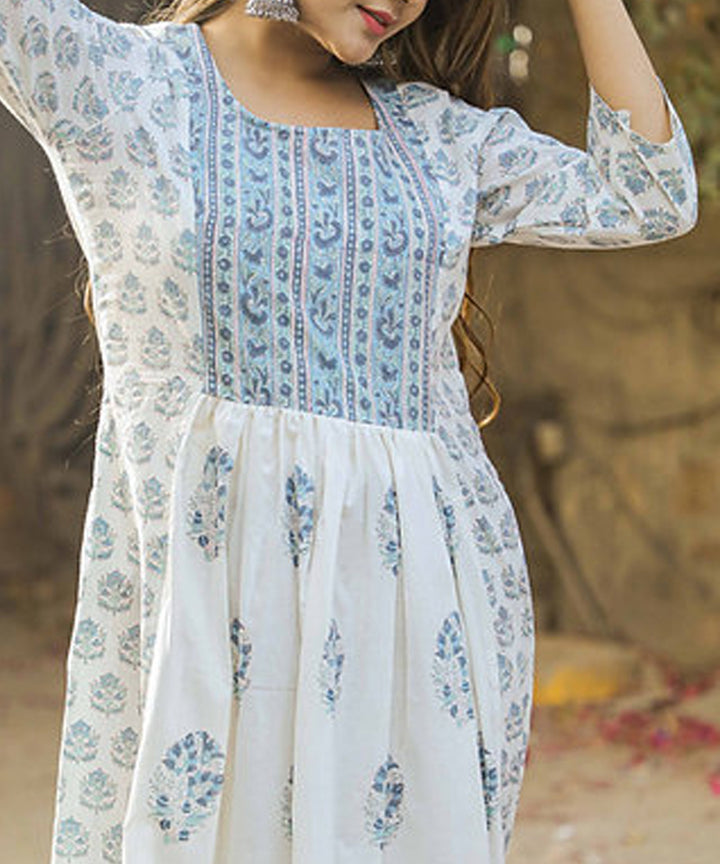 White floral handblock printed cotton dress