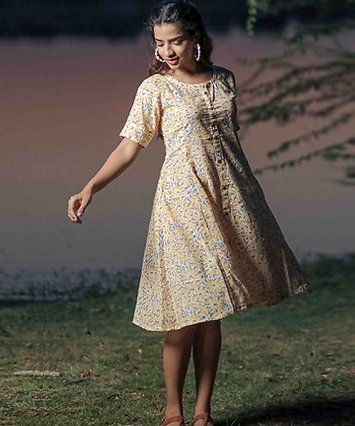 Pink floral handblock printed cotton dress
