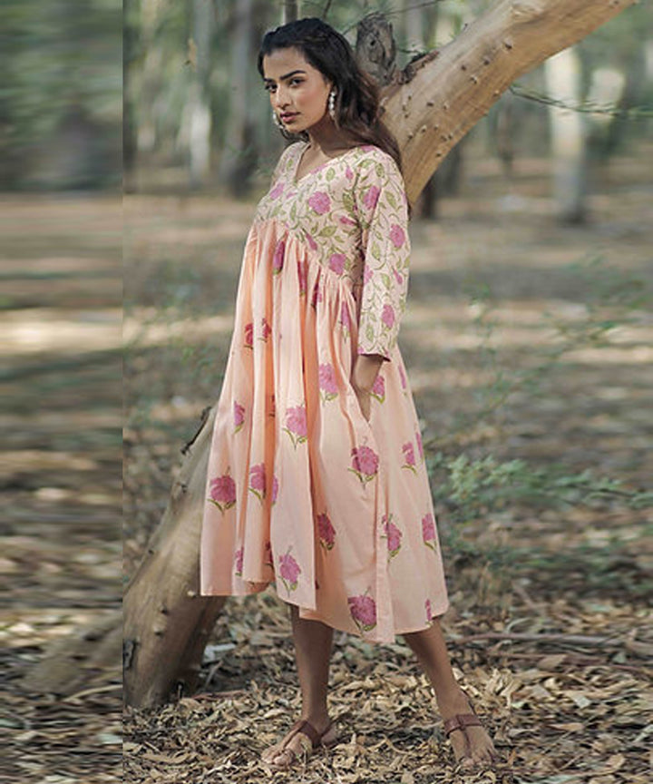 Peach hibiscus handblock printed cotton dress