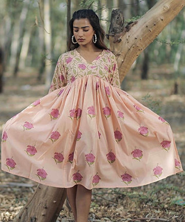 Peach hibiscus handblock printed cotton dress