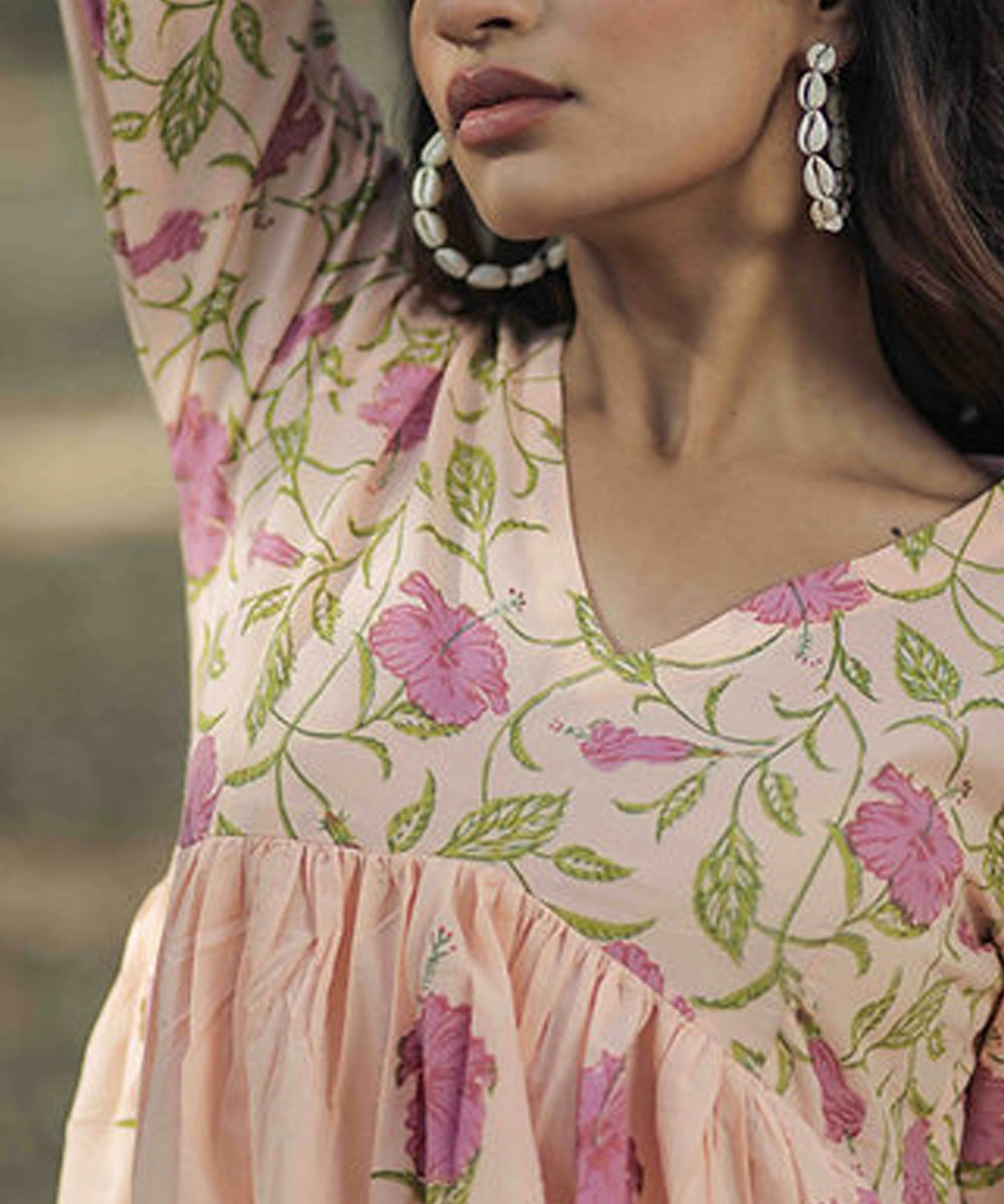 Peach hibiscus handblock printed cotton dress