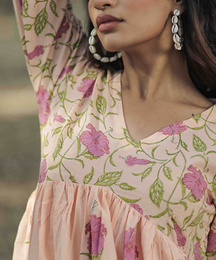 Peach hibiscus handblock printed cotton dress