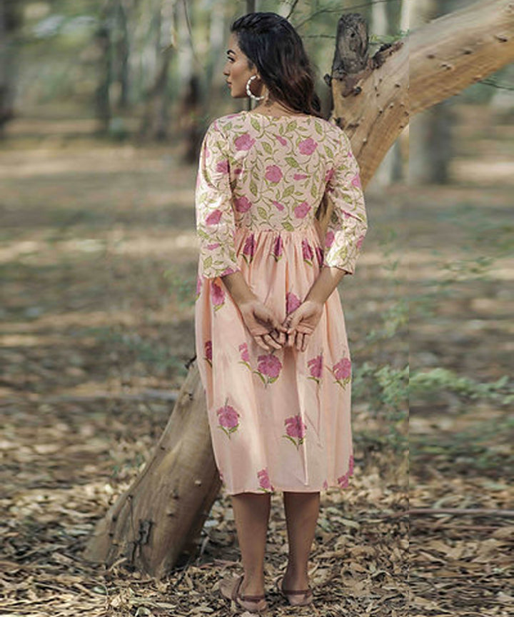 Peach hibiscus handblock printed cotton dress