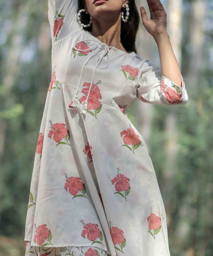 White hibiscus handblock printed cotton dress