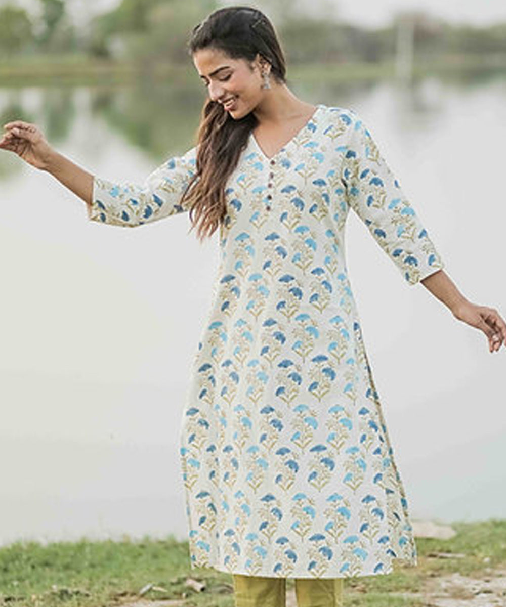 Blue floral handblock printed cotton 3/4 sleeve kurti