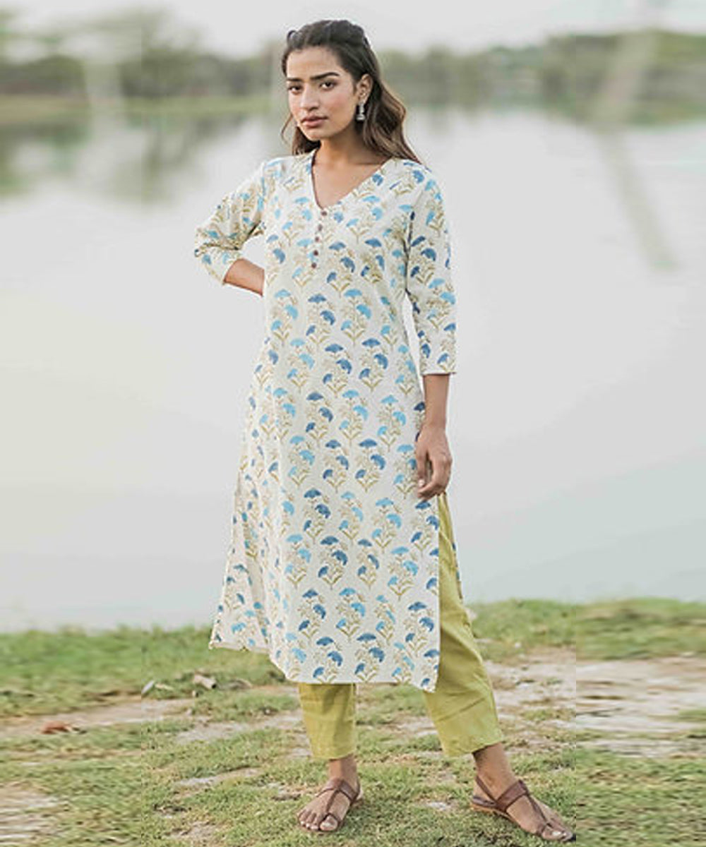 Blue floral handblock printed cotton 3/4 sleeve kurti