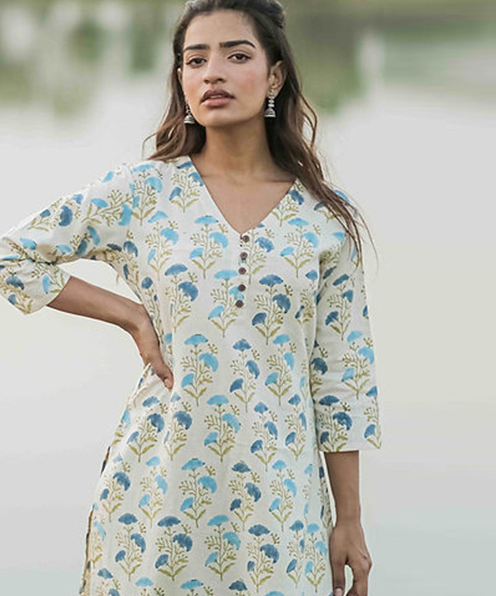 Blue floral handblock printed cotton 3/4 sleeve kurti