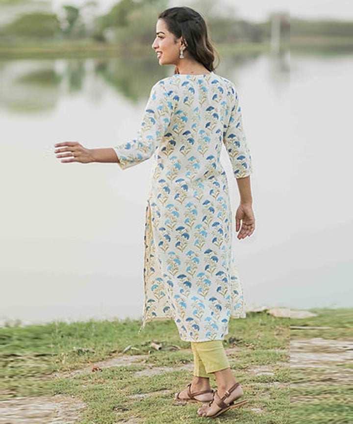 Blue floral handblock printed cotton 3/4 sleeve kurti