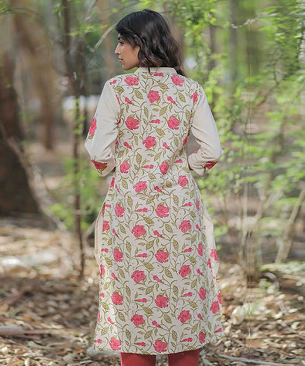 Pink hibiscus handblock printed cotton kurti