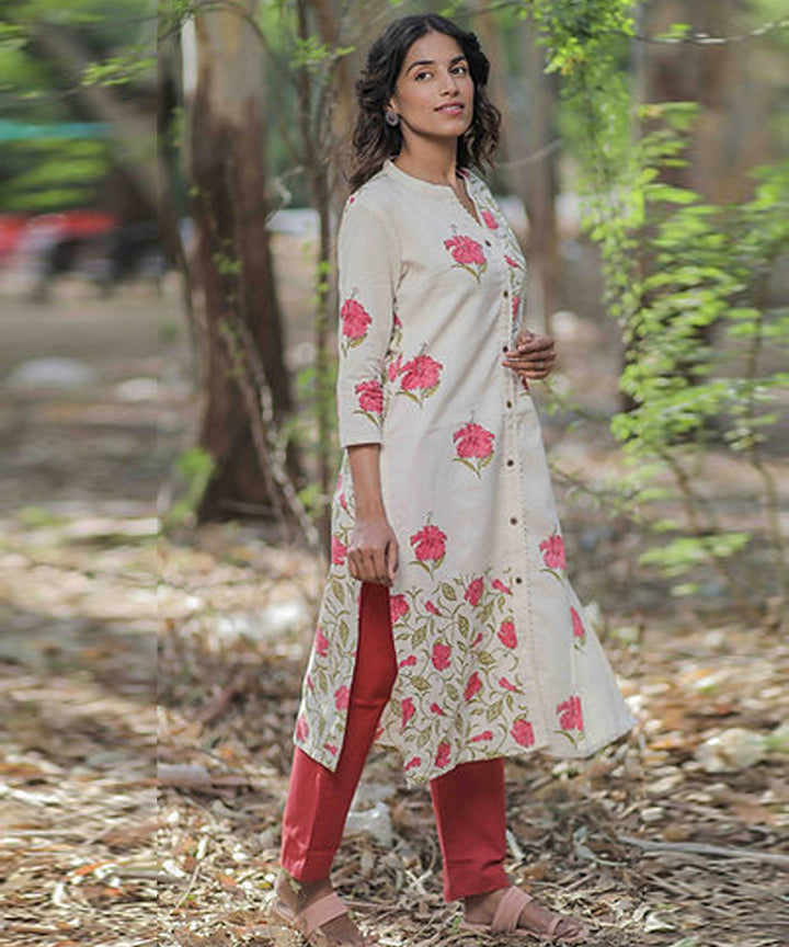 Pink hibiscus handblock printed cotton kurti