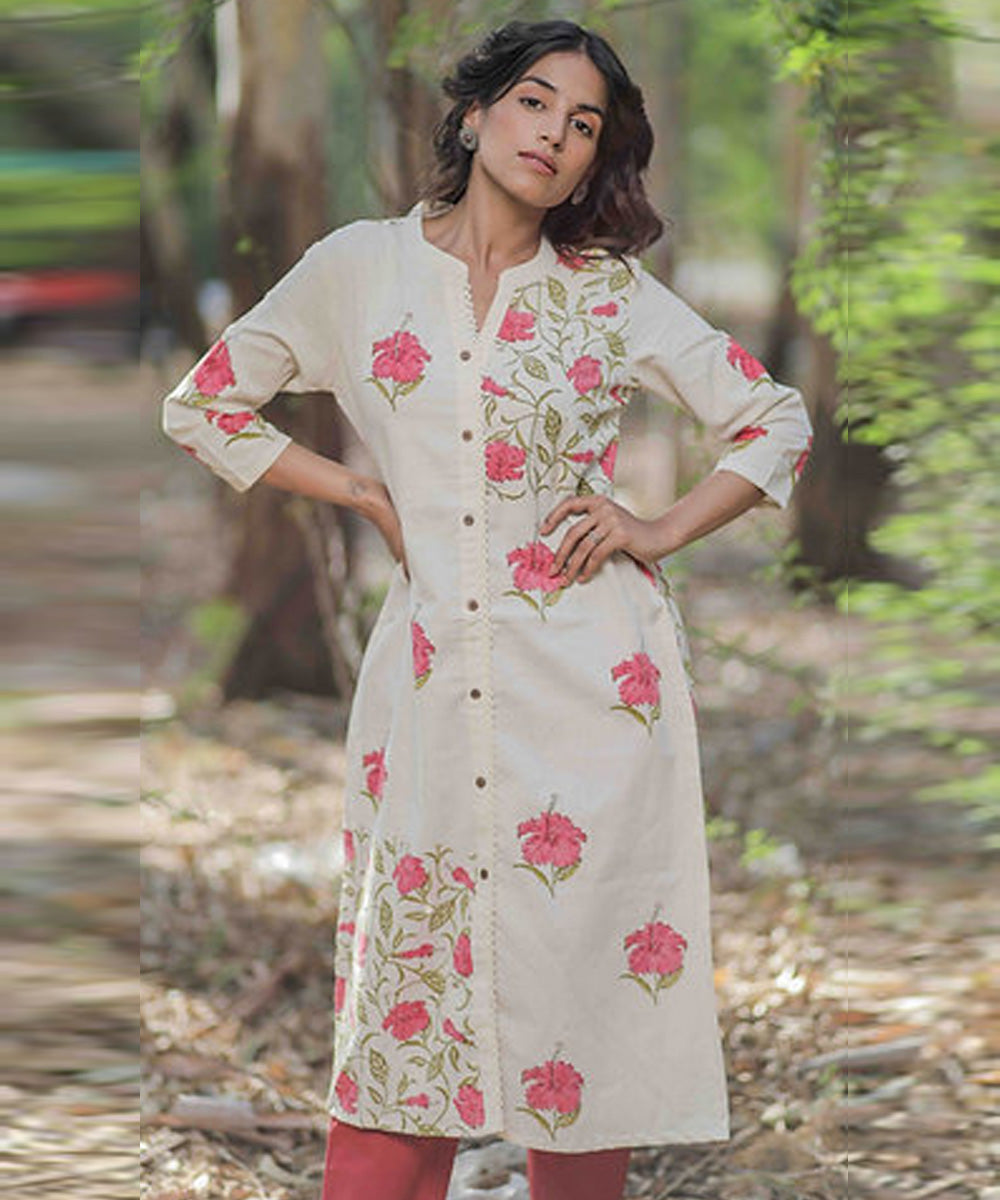 Pink hibiscus handblock printed cotton kurti