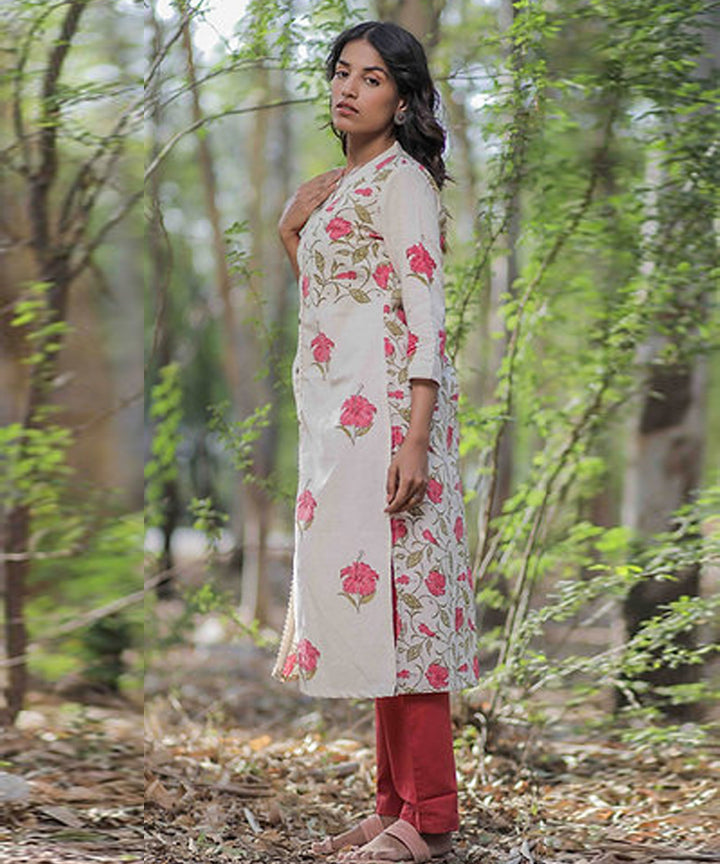 Pink hibiscus handblock printed cotton kurti