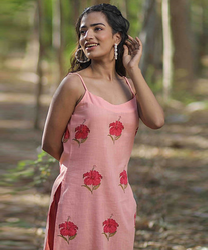 Pink hibiscus handblock printed cotton sleeveless kurti