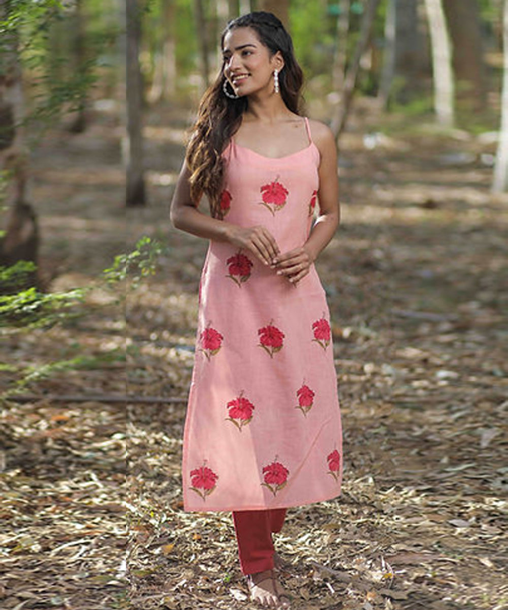 Pink hibiscus handblock printed cotton sleeveless kurti