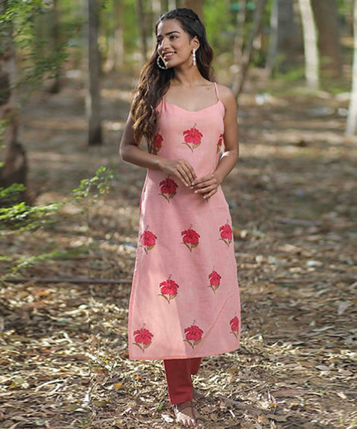 Pink hibiscus handblock printed cotton sleeveless kurti