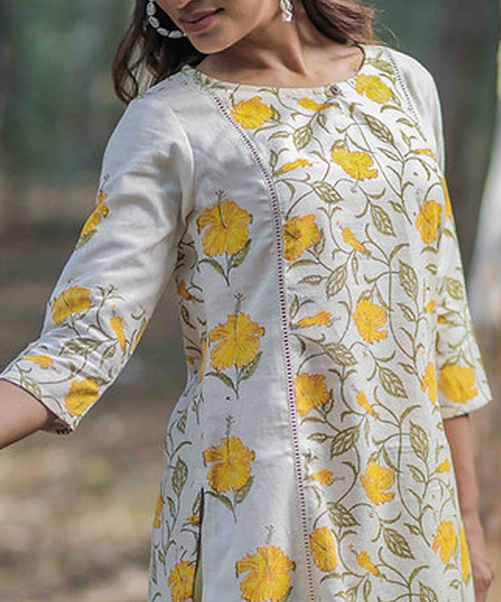 Yellow hibiscus handblock printed cotton kurti