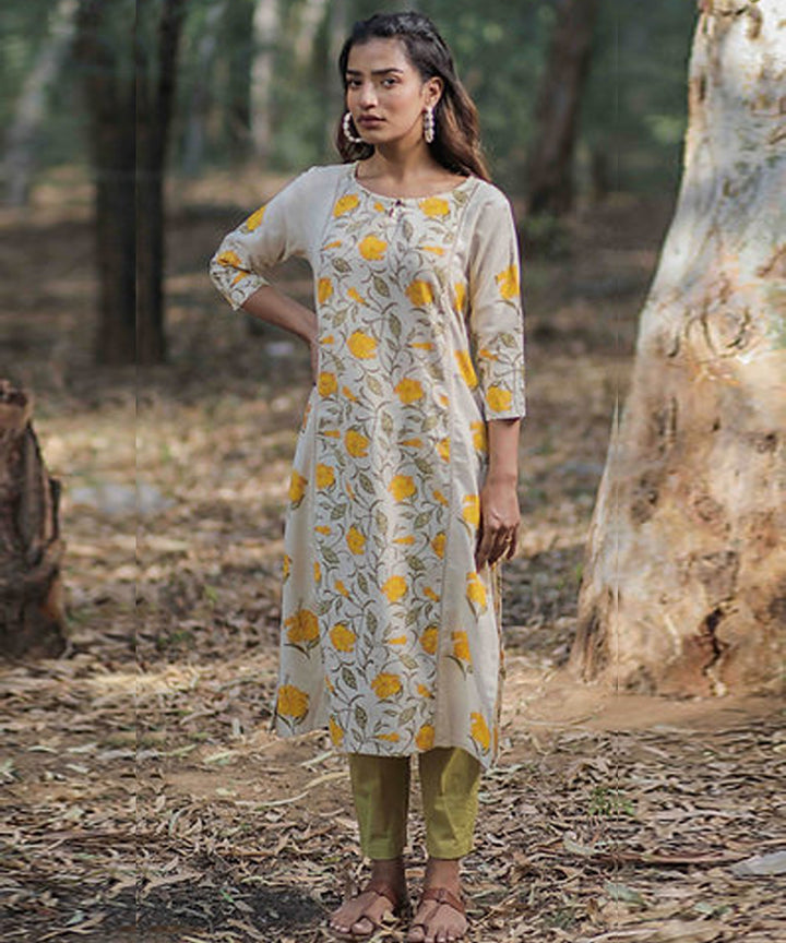 Yellow hibiscus handblock printed cotton kurti