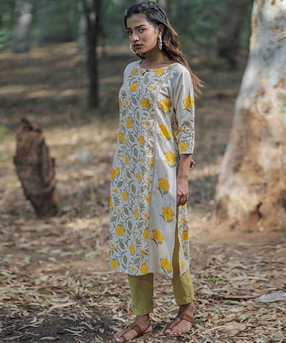 Yellow hibiscus handblock printed cotton kurti