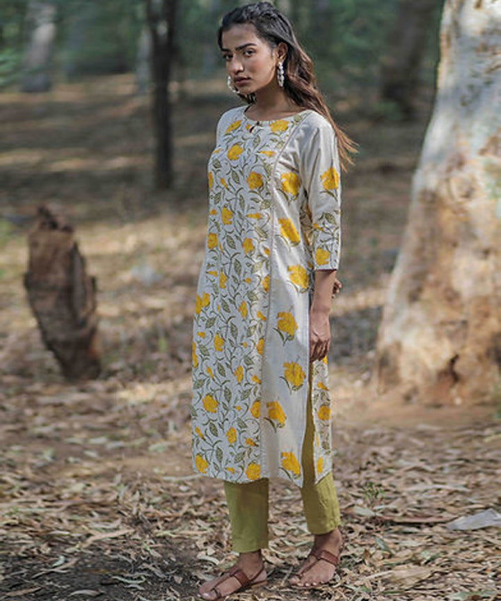 Yellow hibiscus handblock printed cotton kurti