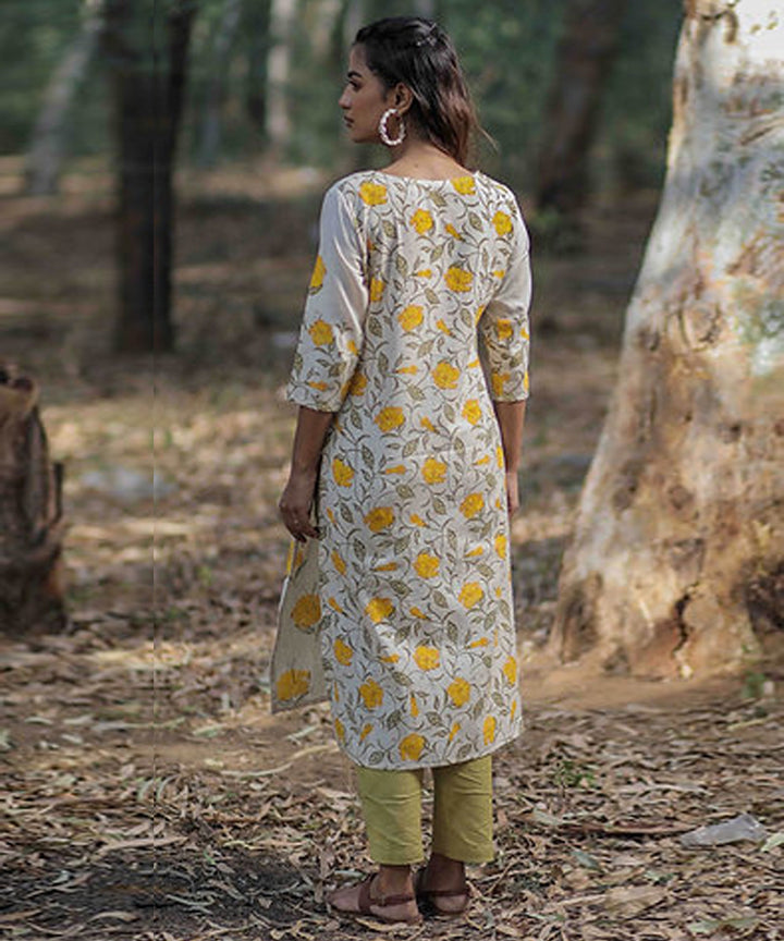 Yellow hibiscus handblock printed cotton kurti