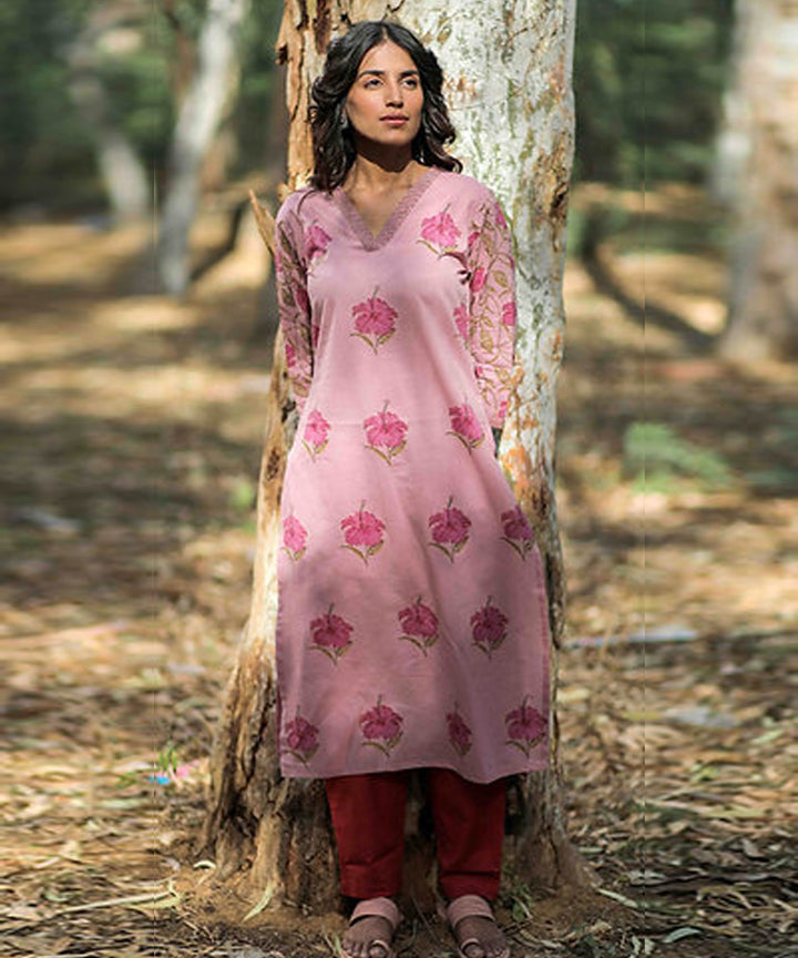 Pink hibiscus handblock printed cotton 3/4 sleeves kurti
