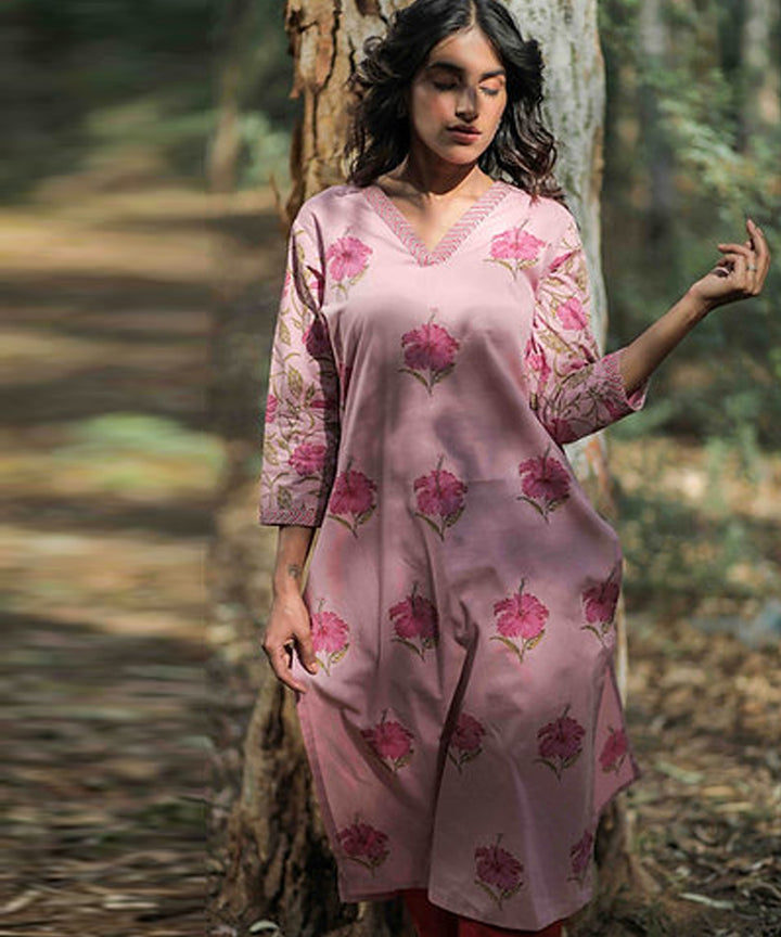 Pink hibiscus handblock printed cotton 3/4 sleeves kurti