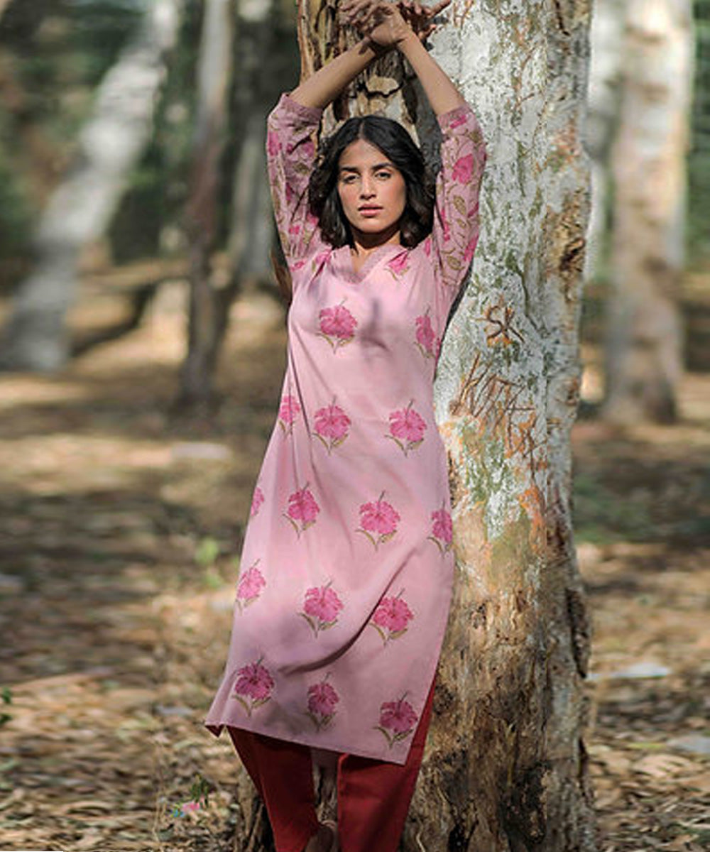 Pink hibiscus handblock printed cotton 3/4 sleeves kurti