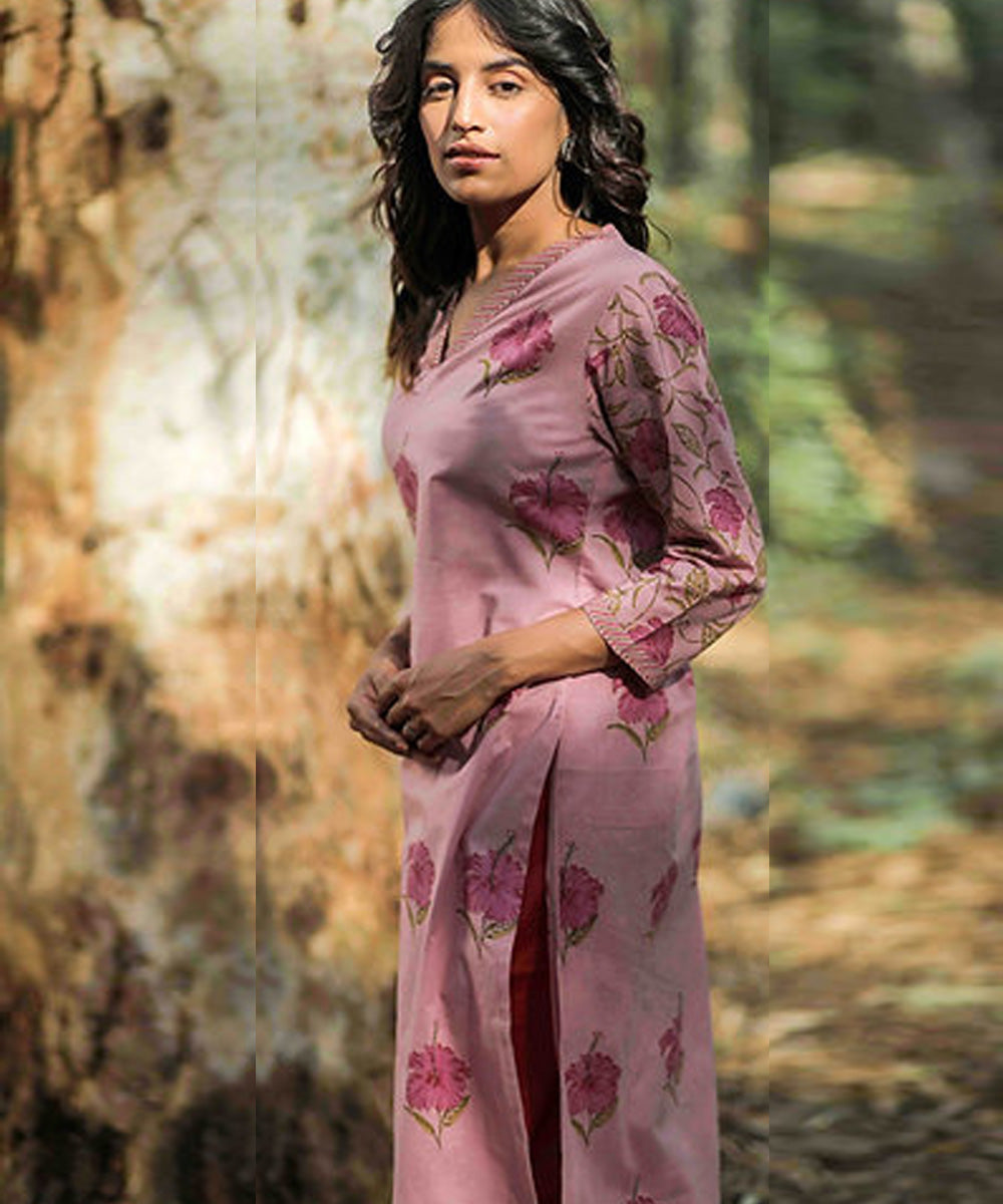 Pink hibiscus handblock printed cotton 3/4 sleeves kurti