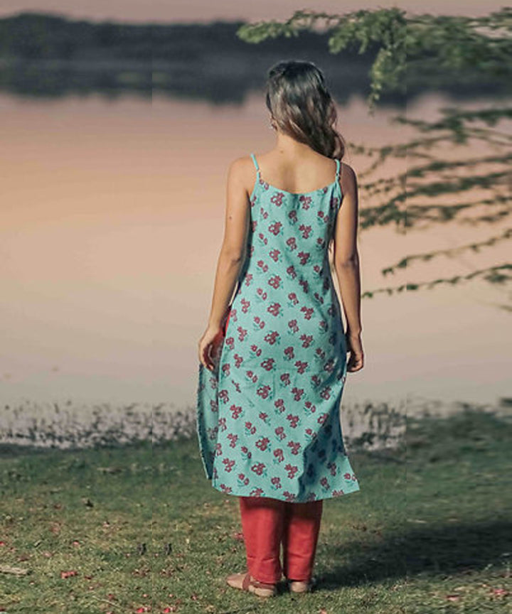 Blue floral handblock printed cotton kurti